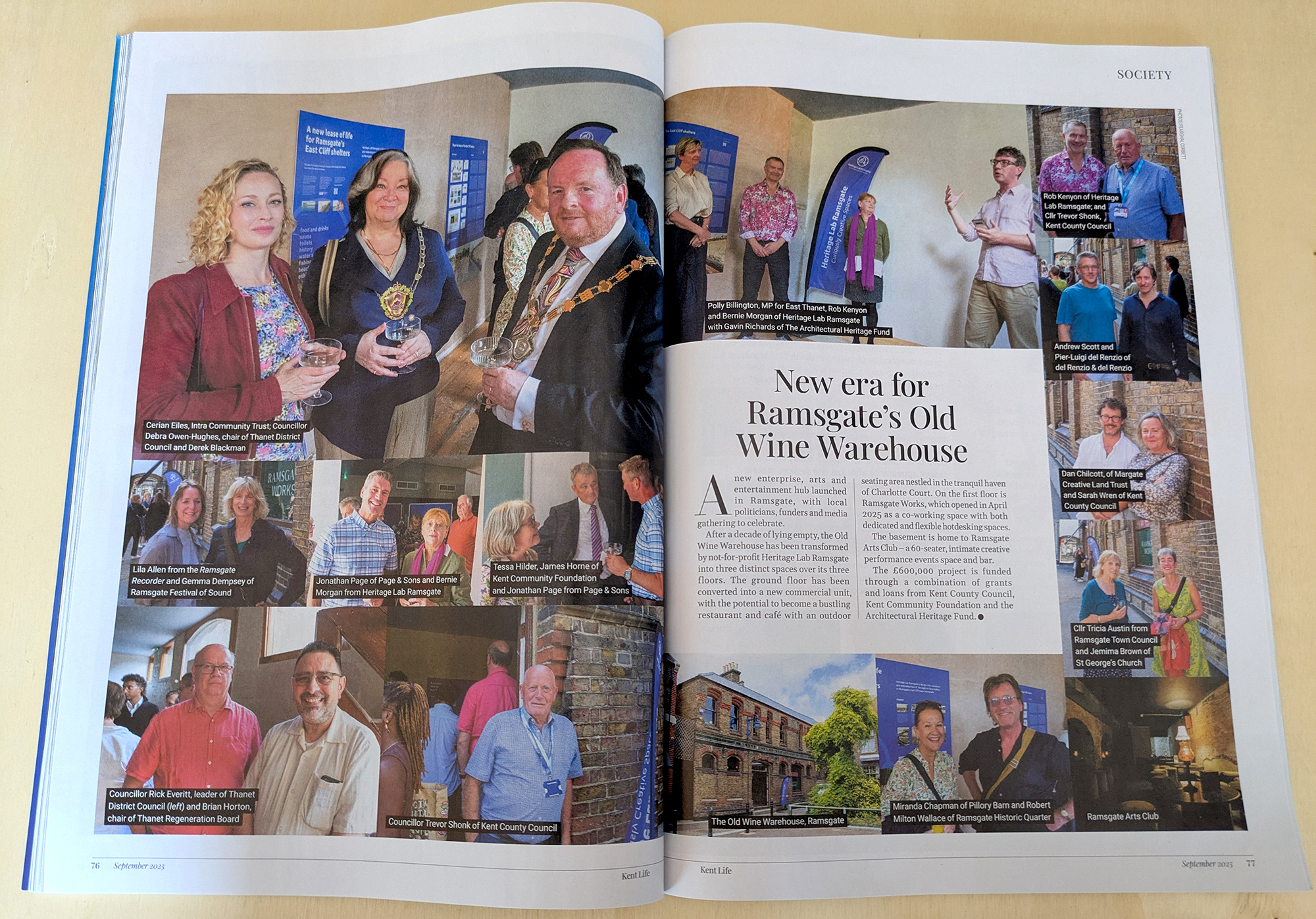 Magazine spread showing photos from the launch of the Old Wine Warehouse, Ramsgate